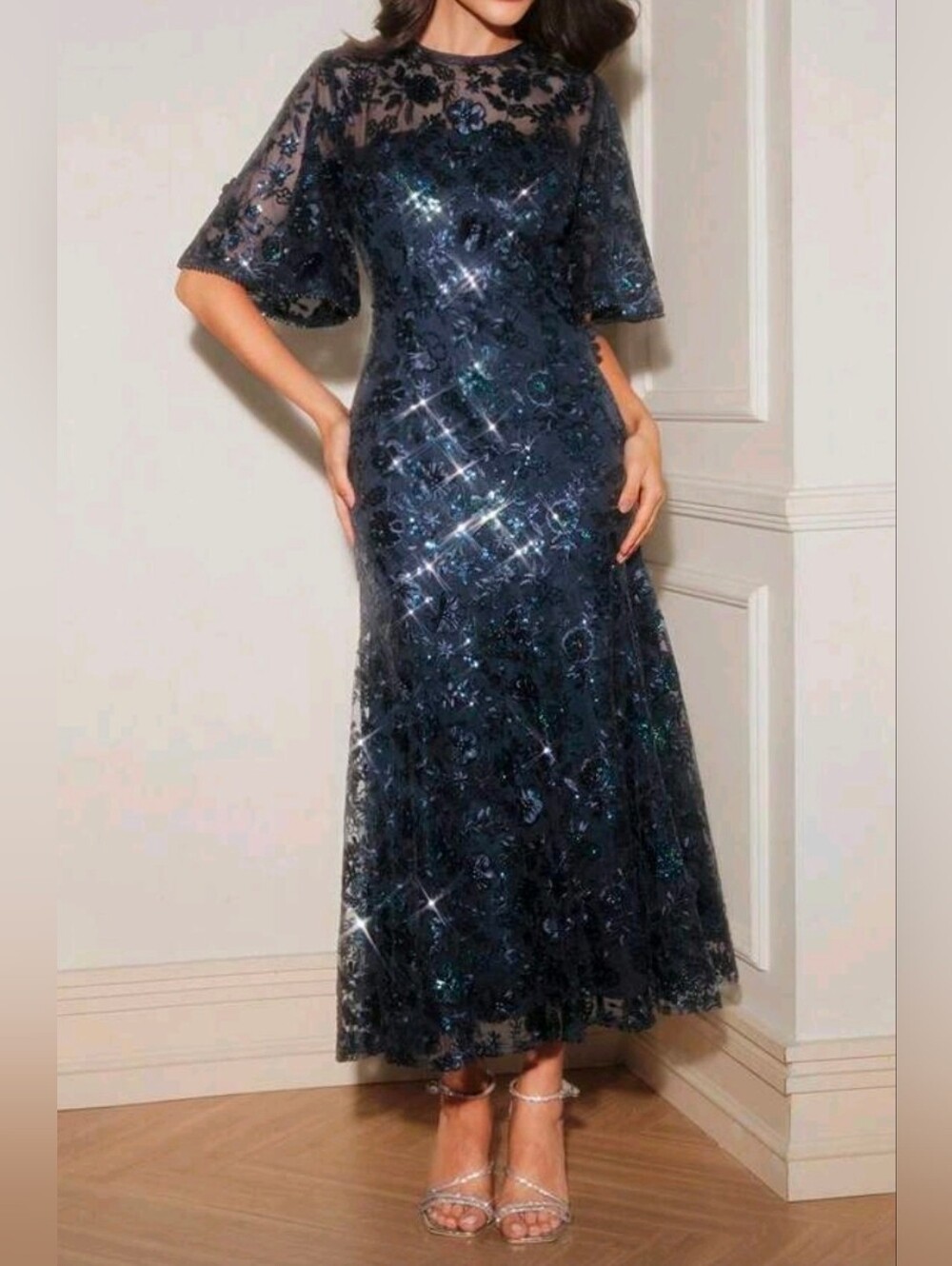 New Luxe Sequin Floral Long Dress Flutter Sleeve Navy Blue